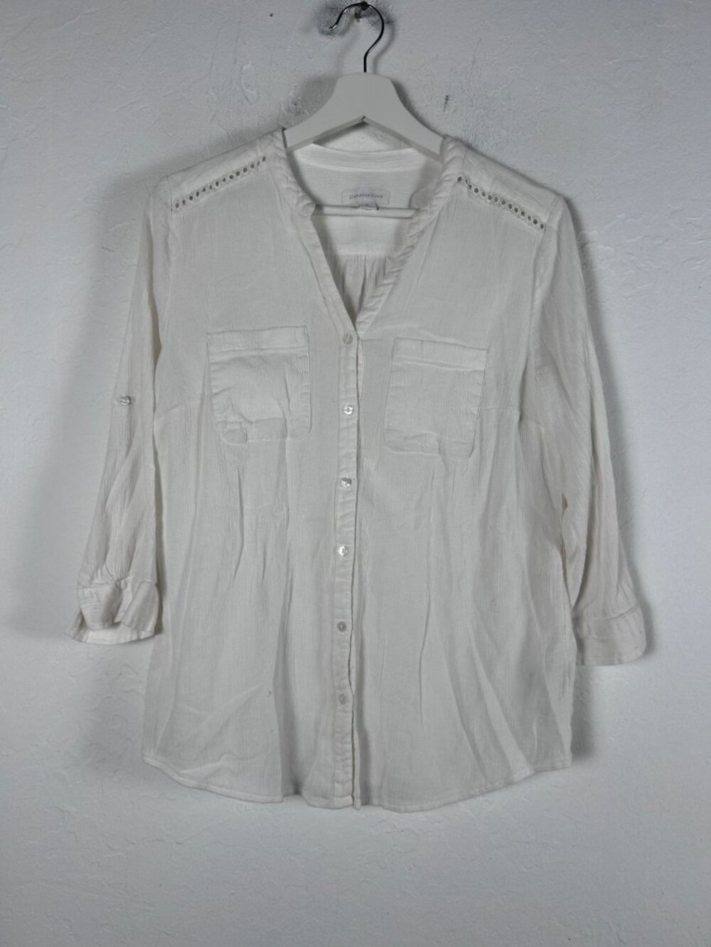 Charter Club Womens White Cut-Out Roll Tab Sleeve Button Up Shirt Top Medium